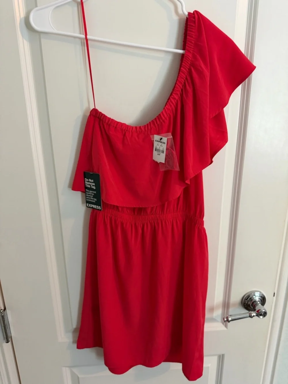 Express One-Shoulder Ruffle Dress in Red - Picture 3 of 4